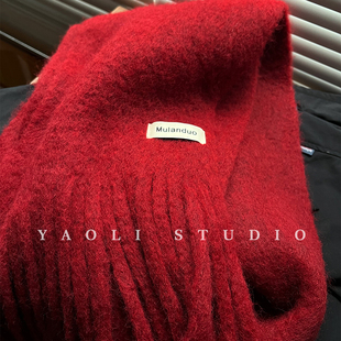 YAOLI梅尔诺酒红~氛围感软糯流苏围巾女秋冬保暖防寒围脖韩
