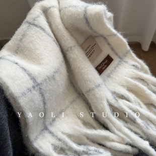 YAOLI冬月映雪~韩系软糯格子拉毛围巾女秋冬保暖防寒披肩围脖男