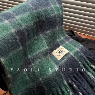 YAOLI清冷蓝绿格子～软糯拉毛围巾女秋冬保暖防寒含羊毛披肩围脖