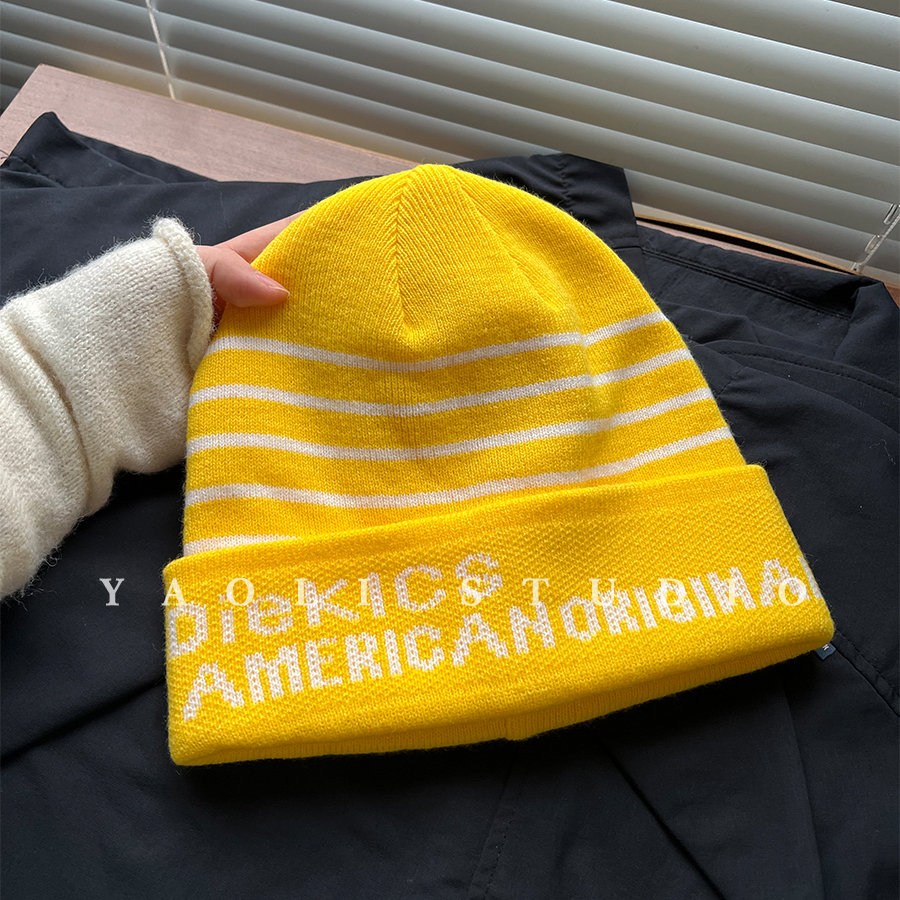 YAOLI美式复古条纹字母提花针织套头帽子女秋冬保暖大头围冷帽男