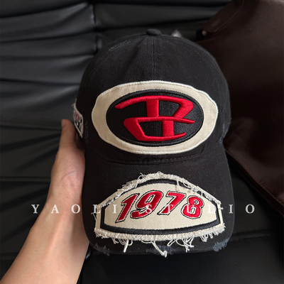 YAOLI美式复古B重工刺绣1987贴布棒球帽子女户外遮阳大头围鸭舌帽