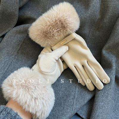 YAOLI毛绒绒～冬季骑车防寒手套女款保暖纯色露指可触屏五指手套