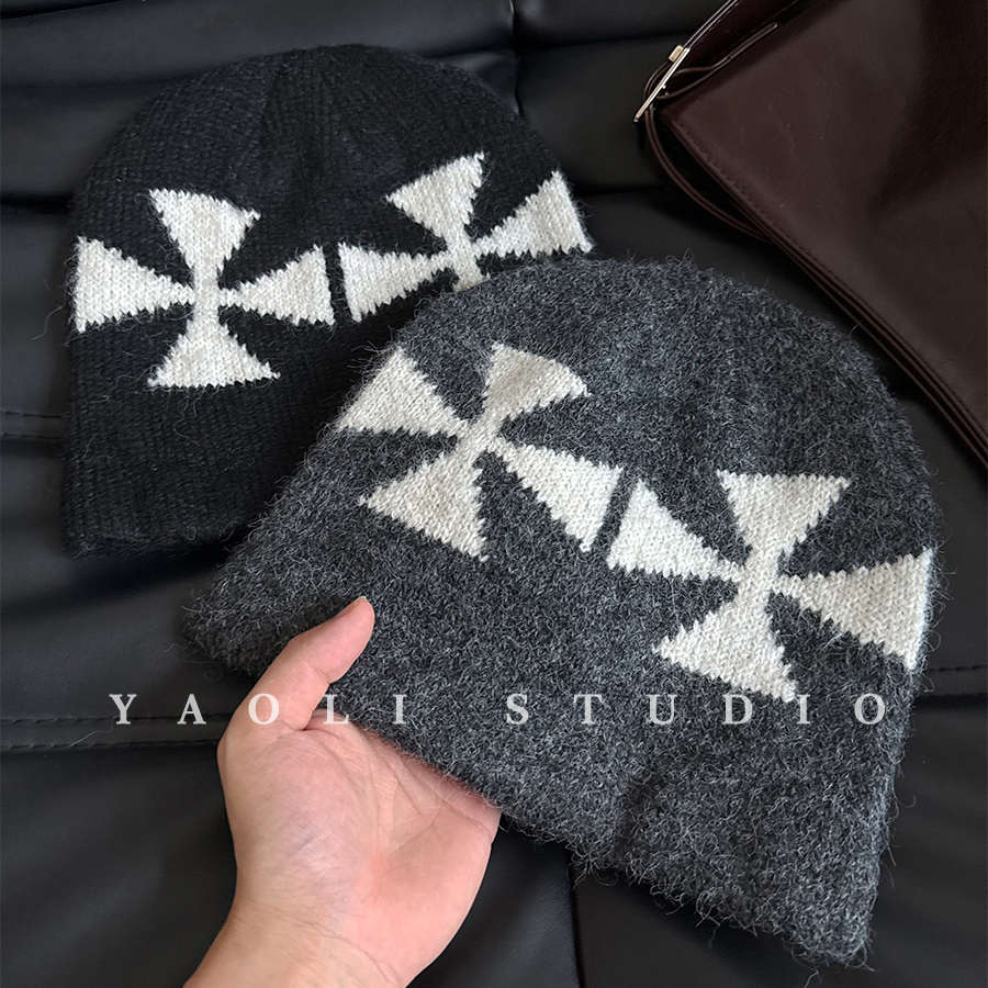 YAOLI十字提花～韩系羊毛混纺针织套头帽子女秋冬保暖毛线冷帽男