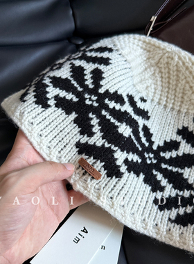 YAOLI100澳毛～民族风复古雪花提花针织套头帽子女秋冬保暖毛线帽