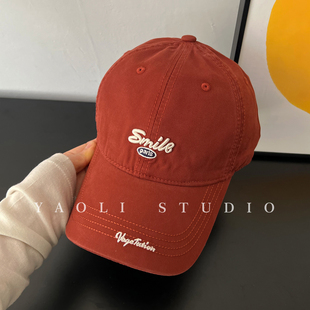YAOLI圣女果红～美式 复古smile刺绣棒球帽子女遮阳显脸小鸭舌帽男