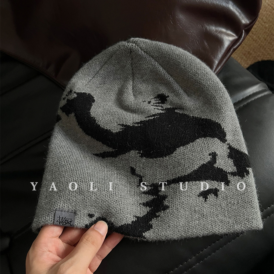 YAOLI水墨涂鸦～美式复古提花针织套头帽子女秋冬保暖毛线冷帽男