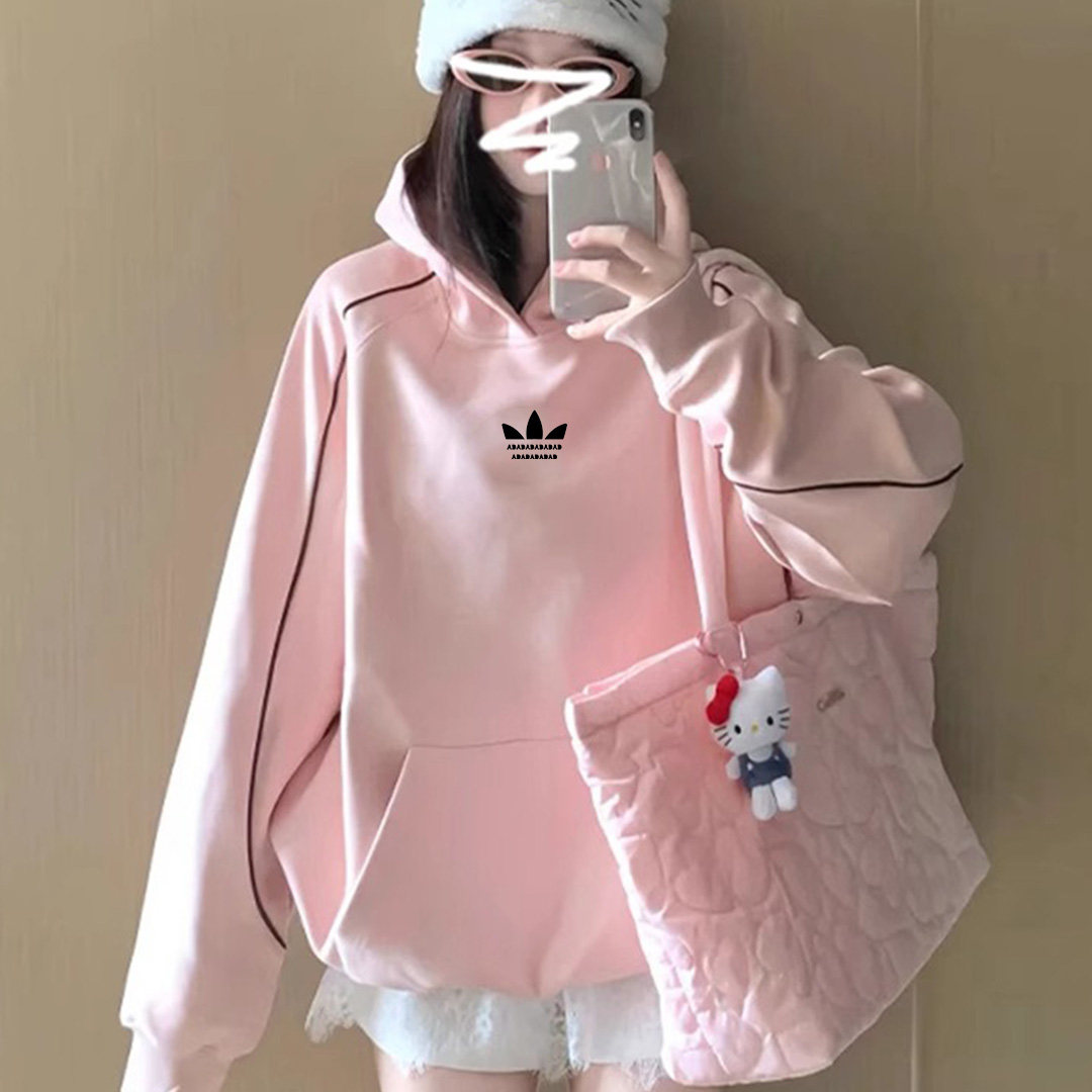 Jennie同款粉色连帽加绒厚款卫衣