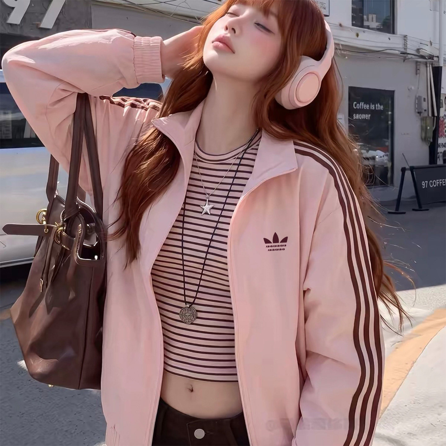 美式复古粉色三杠立领运动夹克女