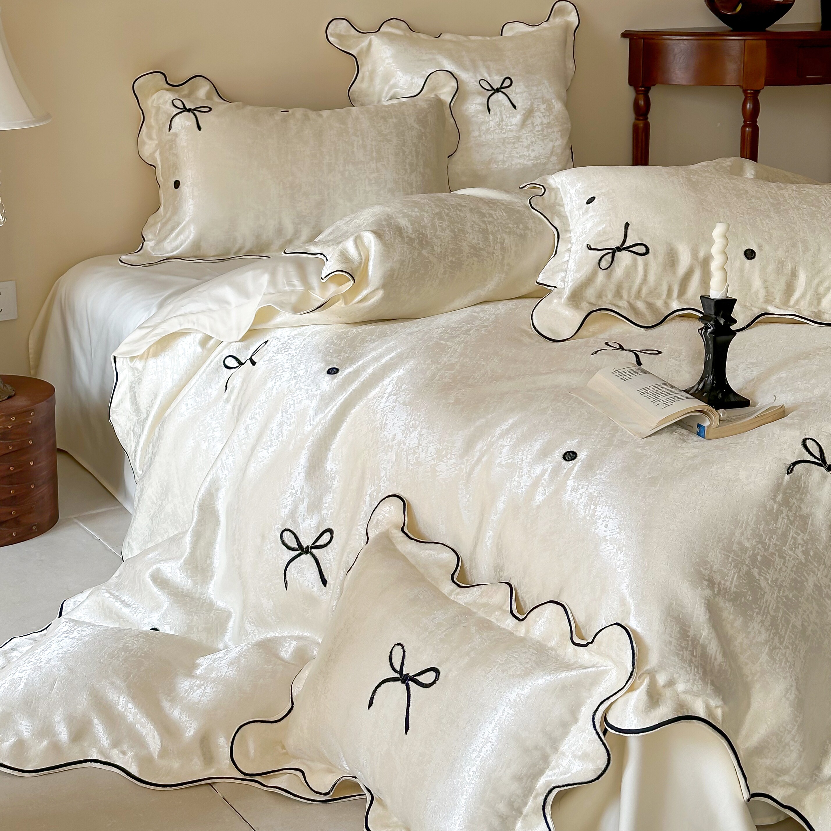 浪漫法式200S长绒棉四件套提花刺绣蝴蝶结全棉被套公主风少女床品