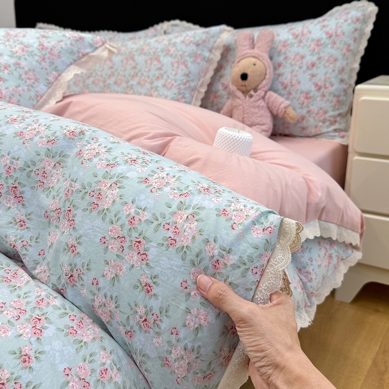 小清新A类活性印花水洗棉四件套裸睡全棉被套纯棉超柔软床上用品4