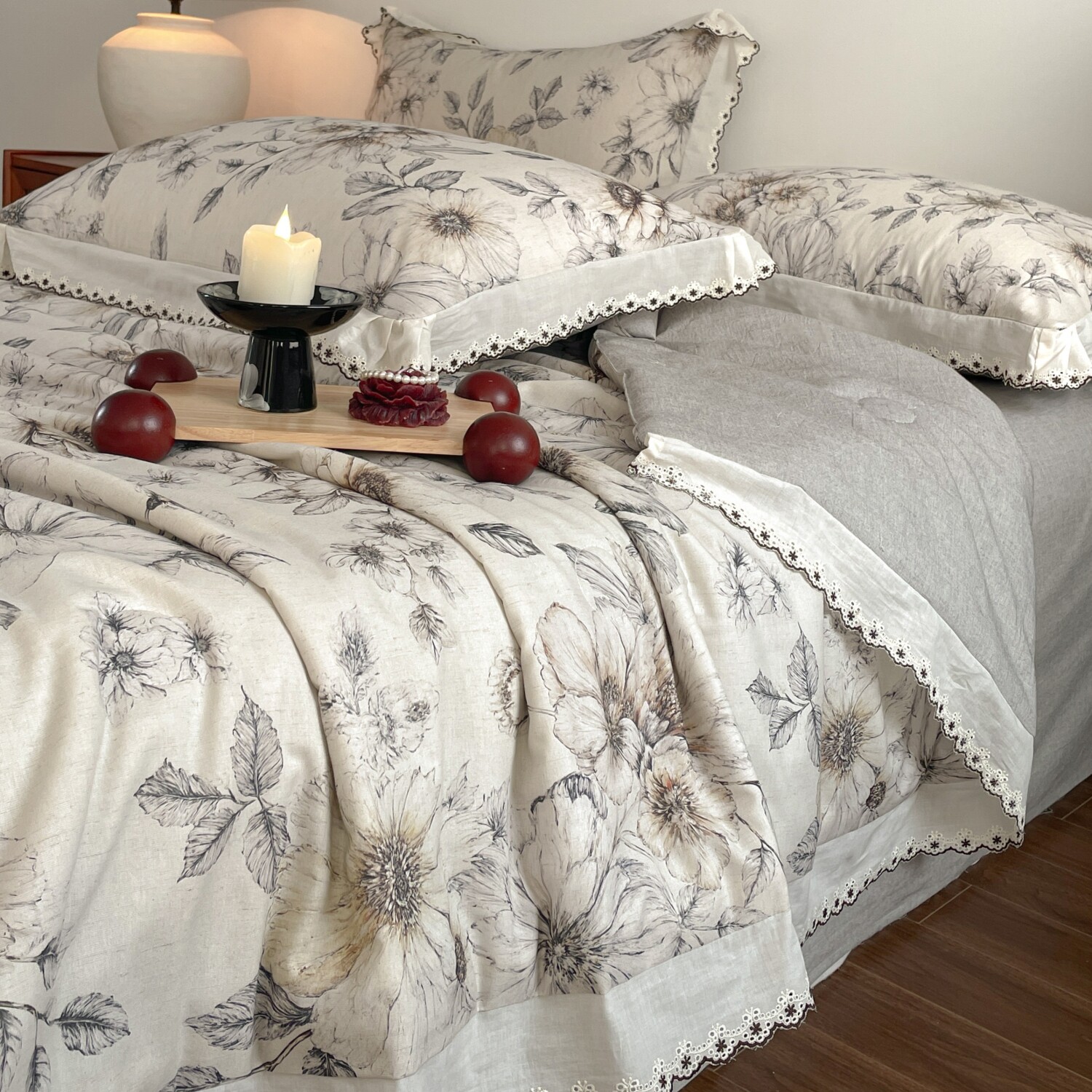 法式复古风莱赛尔天丝夏凉被四件套透气裸睡100%棉麻印花边空调被