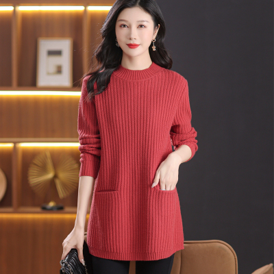 秋冬新款时尚羊绒衫女半高领中长款打底衫加厚纯色宽松百搭毛衣女