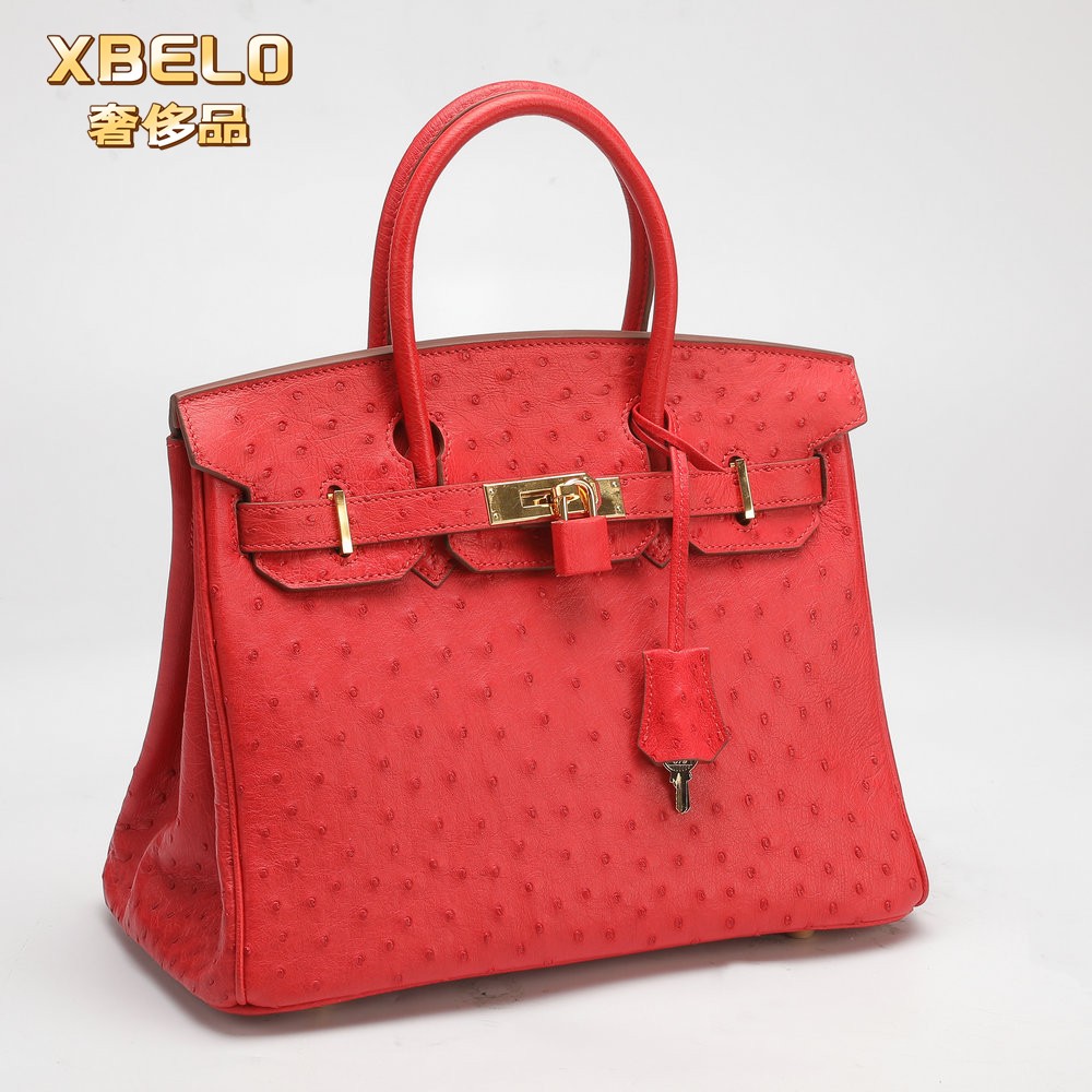 XBELO奢侈品2025鸵鸟皮女包真皮大容量30CM铂金包手缝结婚新娘包