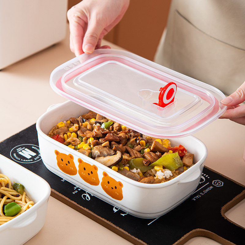 带盖陶瓷分格饭盒学生上班族保鲜碗可爱卡通可微波炉加热便当盒
