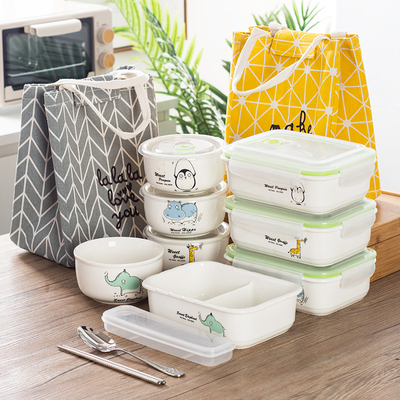 微波炉专用陶瓷分格饭盒便当盒带盖密封上班族带饭两格卡通保鲜碗