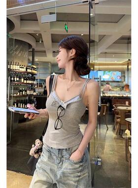 纯欲风套装灰色吊带背心显瘦短袖T恤女装夏季内搭格纹内衣假两件