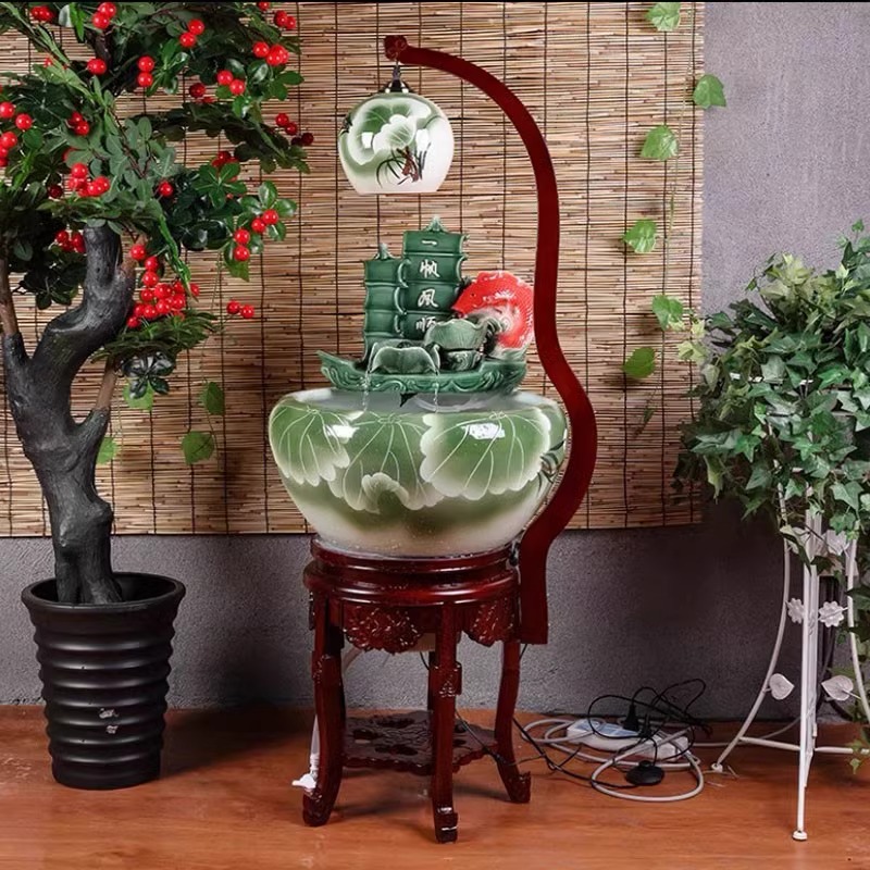 景德镇陶瓷高山流水金鱼缸循环过滤喷水金鱼缸落地金鱼盆客厅造景