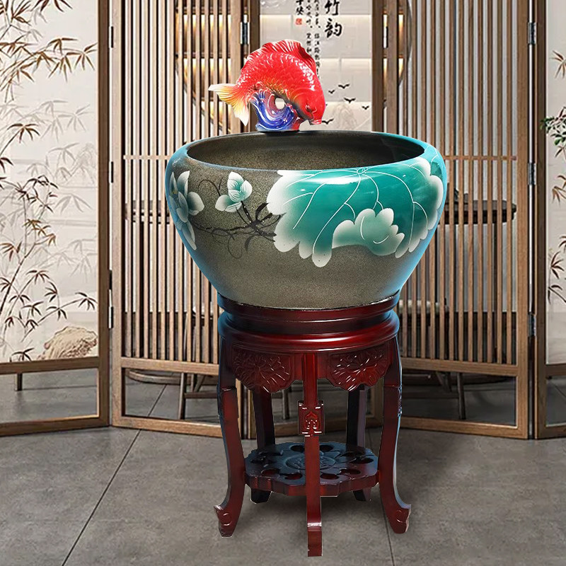 新款陶瓷鱼缸循环喷水加湿金鱼缸办公室落地景德镇简约风客厅造景