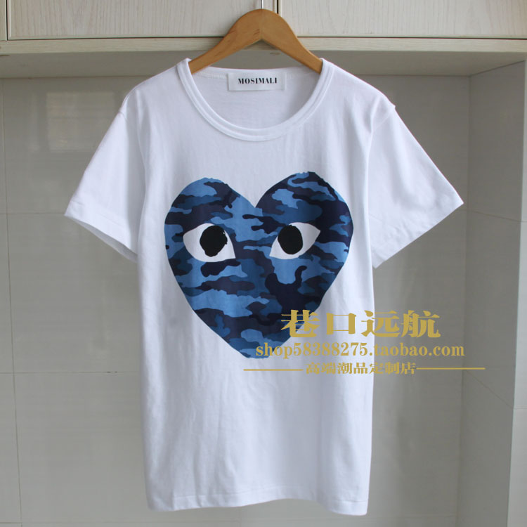 2023春夏潮牌红心蓝迷彩爱心圆领纯棉TEE桃心短袖t恤男女情侣款