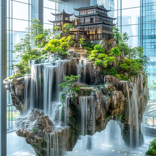 仿真绿植大型悬挂流水假山财神殿景观造景室内垂吊悬浮岛装置软装