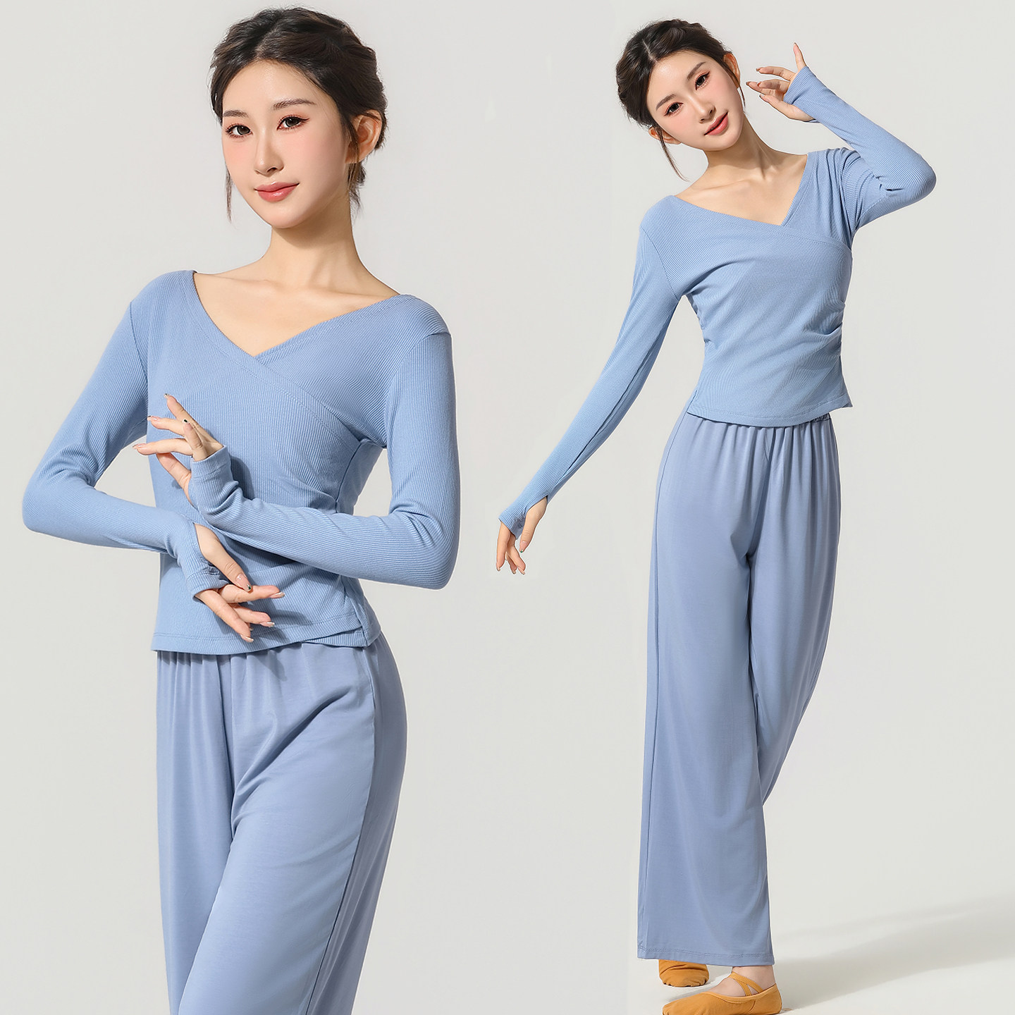 V领现代舞蹈服女套装中国舞跳舞上衣古典舞练功服长袖训练服艺考图片