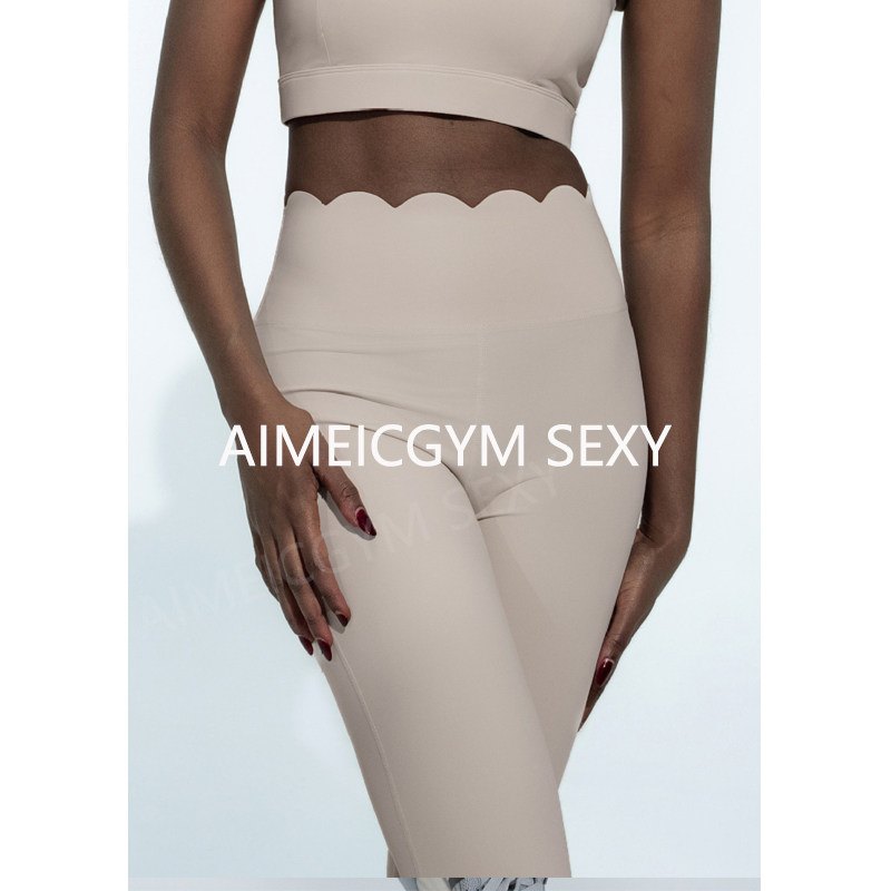AimeicGym Sexy欧美花边腰头高腰收腹健身九分裤弹力紧身瑜伽长裤