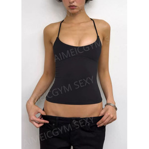AimeicGym Sexy欧美新款交叉露背吊带挂脖运动短背心女收腰细肩带