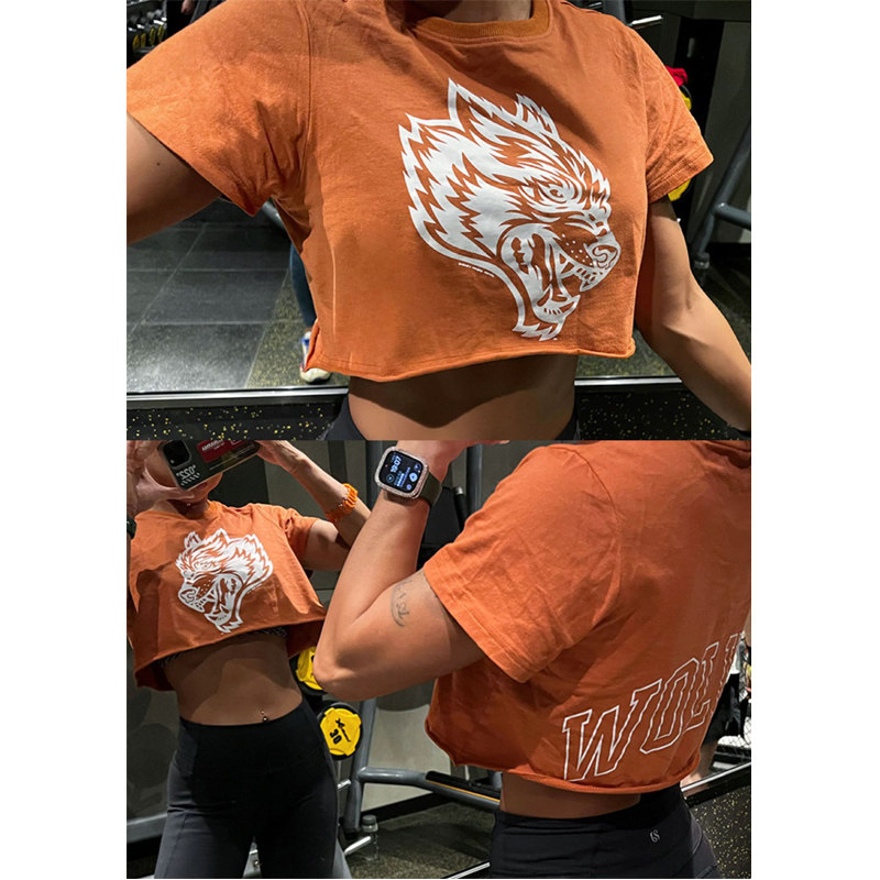 AimeicGym Sexy欧美健身短款上衣女圆领狼头印花运动短袖宽松T恤