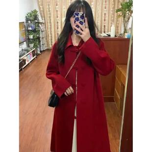 呢子大衣女2025新款秋冬季长款娃娃领气质韩系高级感红色毛呢外套