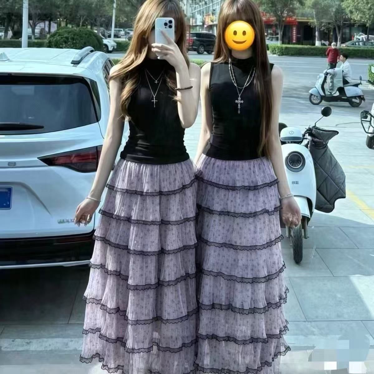网红同款夏季修身碎花网纱套装