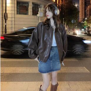 港风复古街头潮流皮衣外套女2025秋季新款女机车棕色美式夹克上衣