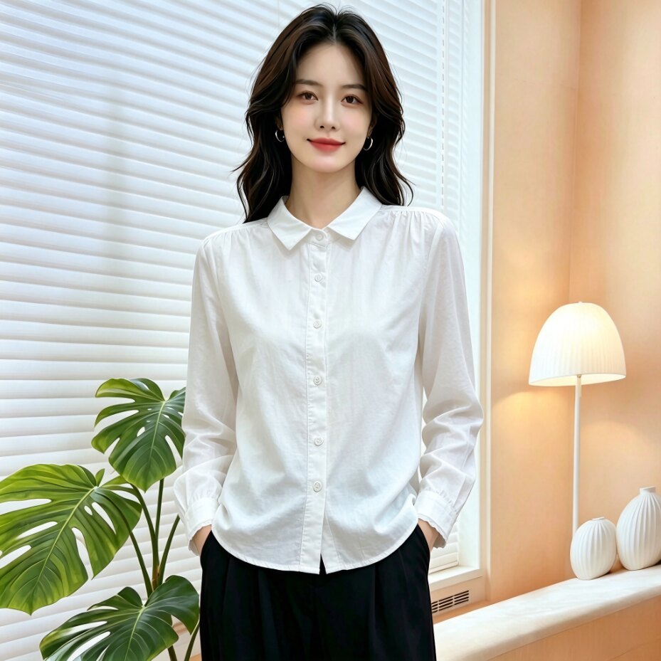 妈妈春秋翻领多扣透气衬衫开衫