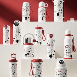 高颜值带茶漏提绳情侣吸管水杯卡通涂鸦双饮保温杯316不锈钢杯子