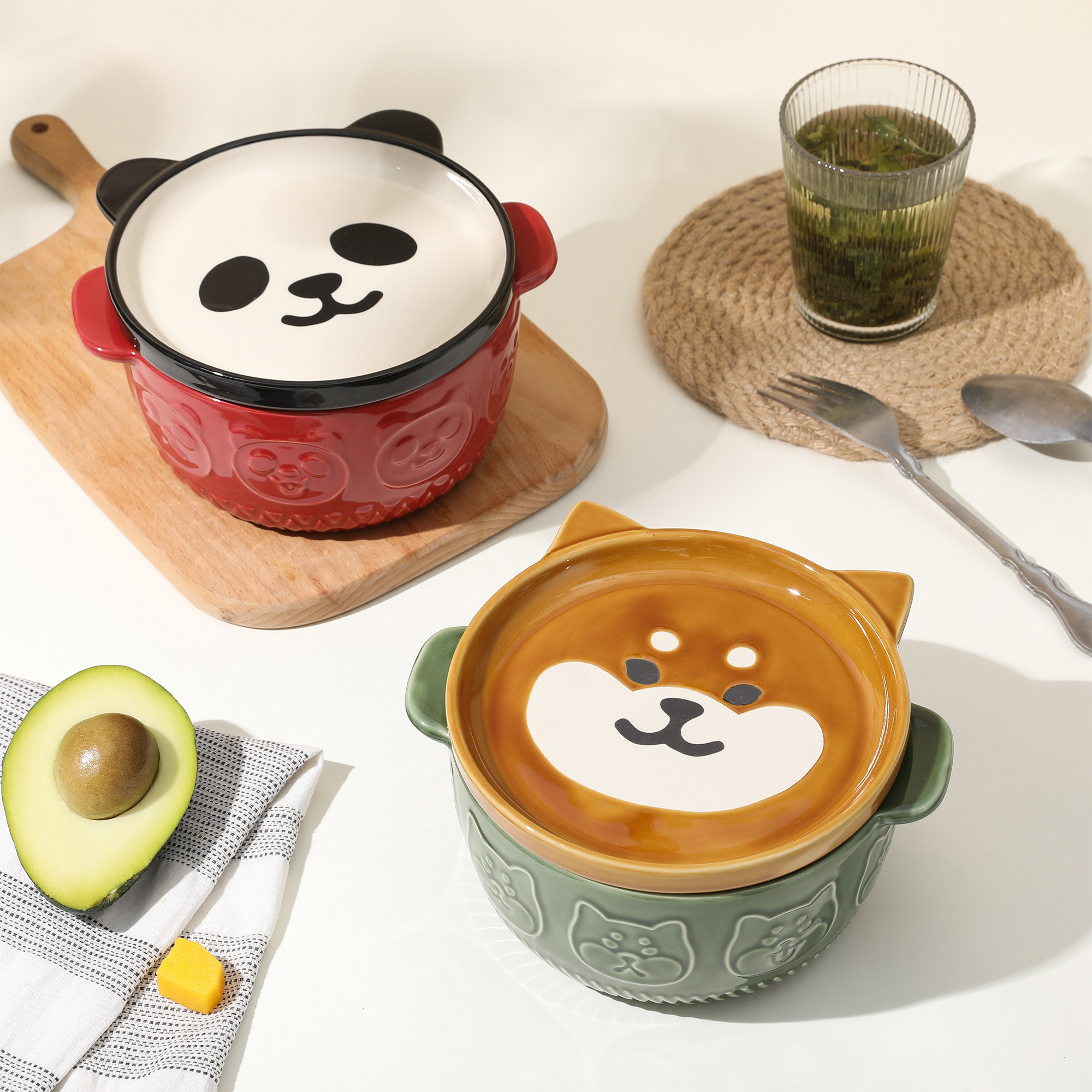 日式创意卡通陶瓷泡面碗家用带盖双耳汤碗可爱高颜值大容量沙拉碗