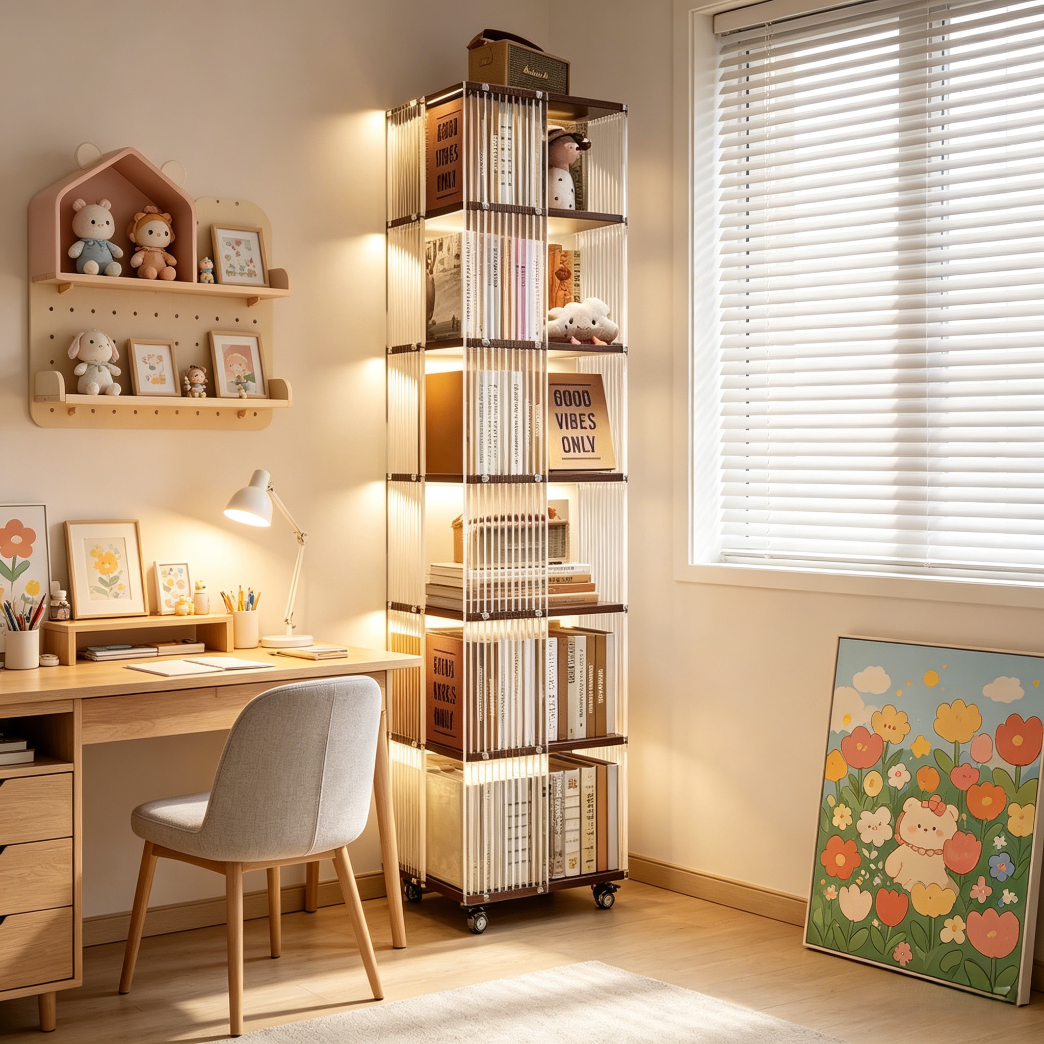 旋转书架落地置物架可移动亚克力储物柜子客厅转角展示柜多层书柜