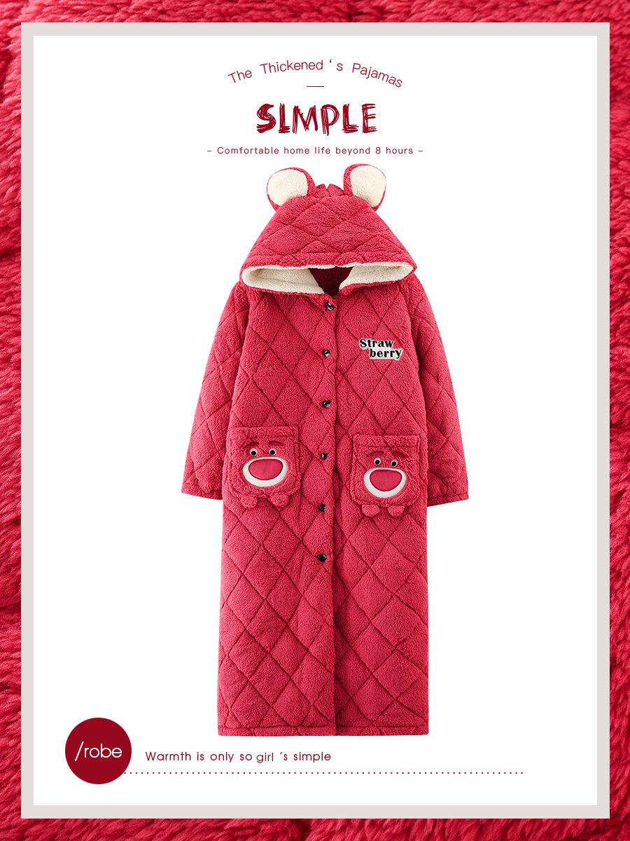 NIGHTGOWN WOMENS AUTUMN AND WINTER CORAL VELVET THREE-LAYER COTTON PADDED PILE THICKENED AND LONG CUTE PAJAMAS WOMENS WINTER HOODED BATHROBE