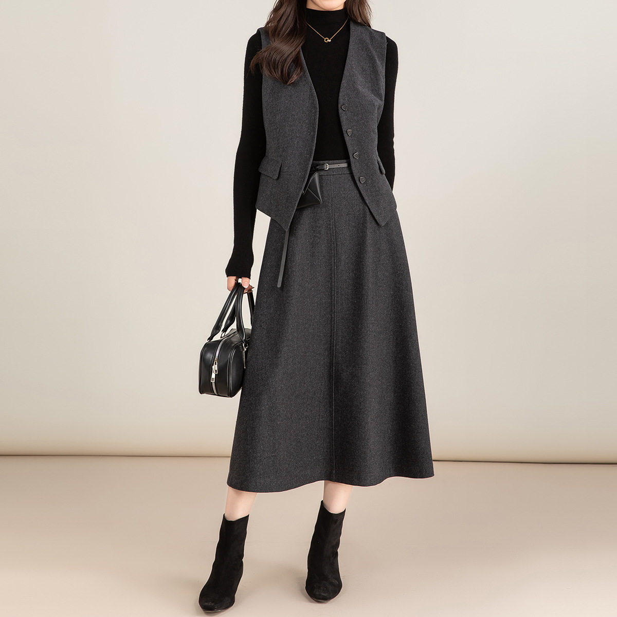 忆霏深灰色老钱风套装女秋冬新款羊毛呢西装马甲半身裙气质两件套,女装/女士精品,时尚套装,淘宝优惠券,粉丝福利购,淘宝优惠卷