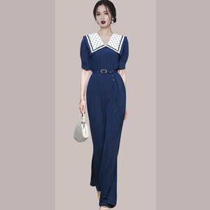 RM9511#夏季新款女短袖宽松垂感阔腿连体长裤气质简约优雅波点女装