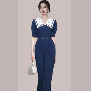 RM9511#夏季新款女短袖宽松垂感阔腿连体长裤气质简约优雅波点女装