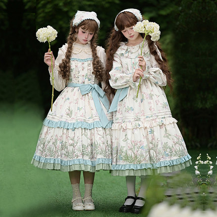 【莺时】withpuji原创设计花鸟柄图裙摆定位印花op/jsk双子lo裙秋