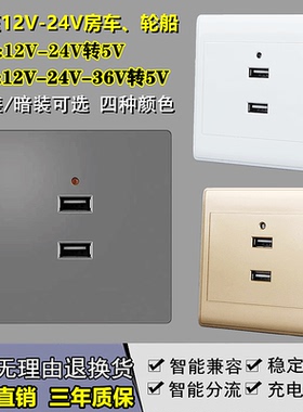 暗明装两位二孔低压直流12V24V36vusb插座面板轮船汽房车充电5伏
