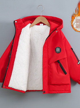 男童加绒外套秋冬款2025新款儿童冬季冲锋衣大童加厚夹棉派克棉服