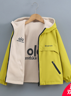 男童秋冬加绒外套韩范2025新款儿童两面穿加厚冲锋上衣连帽超好看