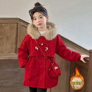 GBUBG 女童2026秋冬季新款新中式盘扣派克服大毛领中长款儿童外套
