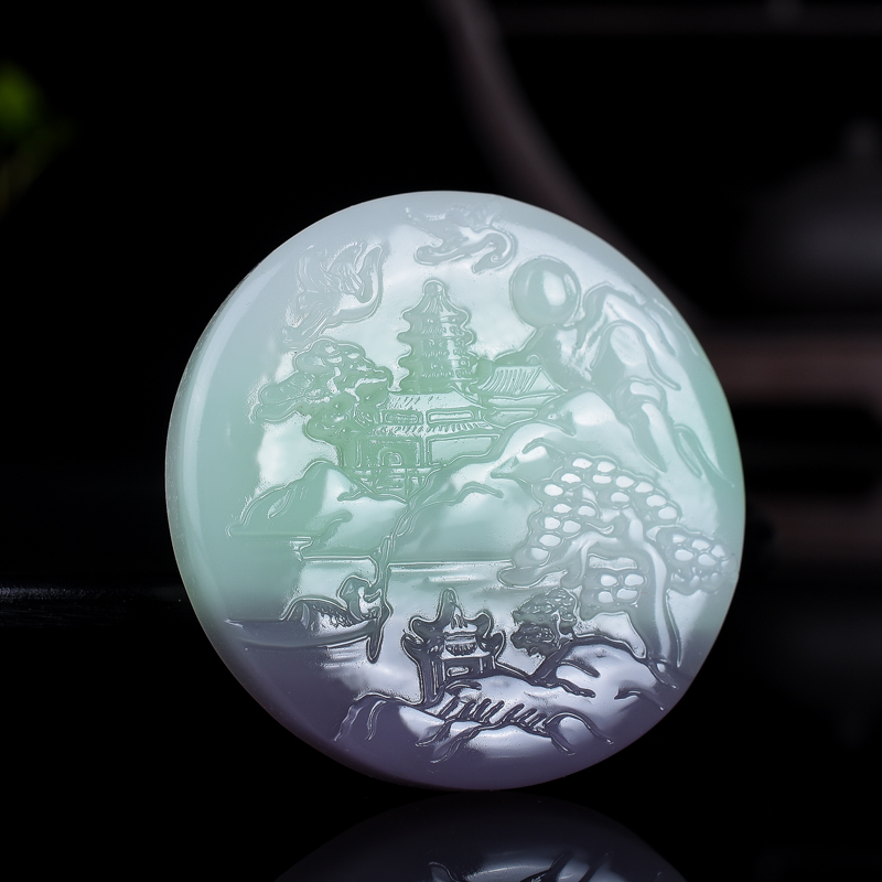 新疆和田羊脂玉青花籽料烟青翠绿色白玉山水牌子玉石项链挂件吊坠