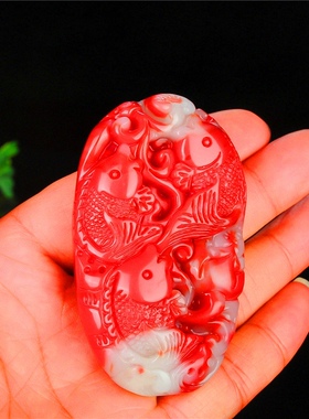 青峰玉业鸡血石鱼挂件男女鸡血石飘花年年有余玉把件玉石手玩件腰