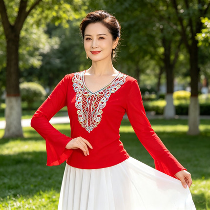 维吾尔族舞上衣春夏季网纱打底衫新疆舞蹈服喇叭袖T恤民族风舞服