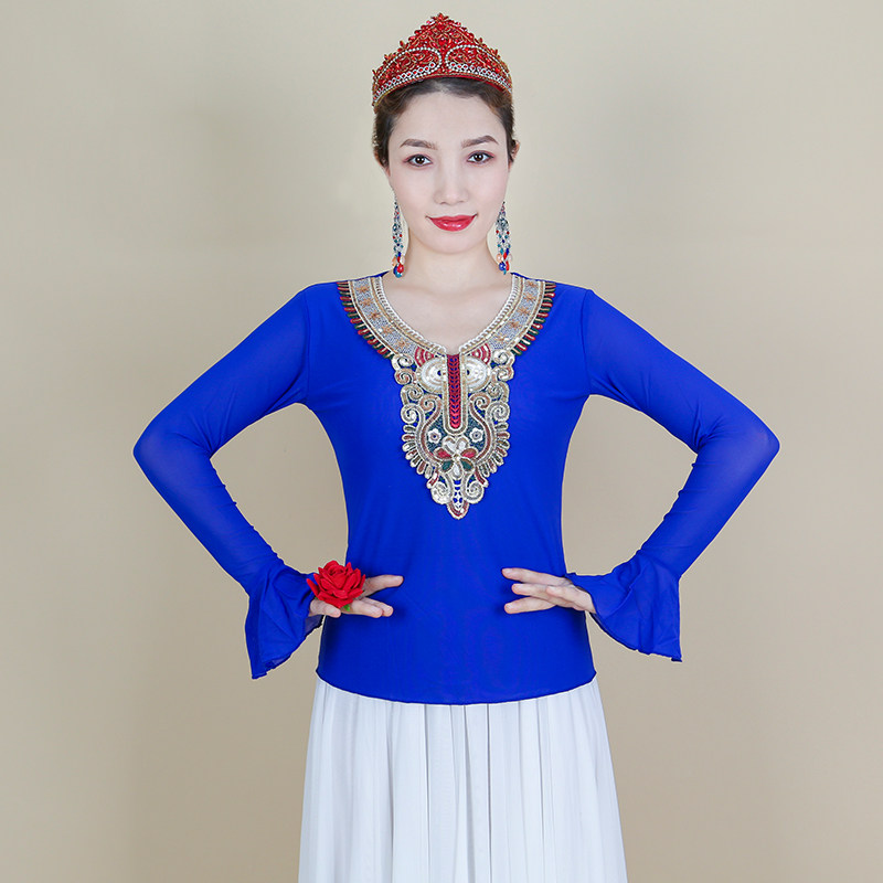 2025新款新疆舞蹈上衣女夏季网纱修身打底衫民族舞古典舞维族舞服