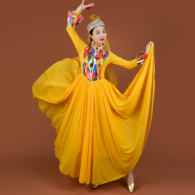 新疆舞大摆裙子民族风高领网纱裙维吾尔族成人女高档连衣裙720摆