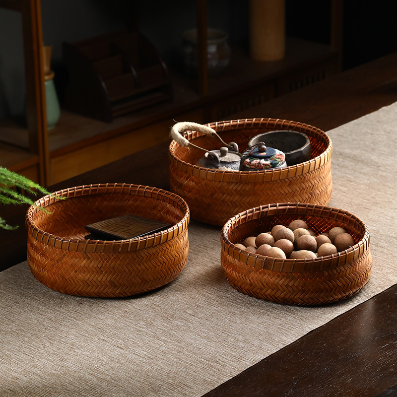 竹制复古大漆收纳筐家用茶叶簸箕茶点盘干果盘篮纯手工竹编果盘,特色手工艺,竹编/竹雕,淘宝优惠券,粉丝福利购,淘宝优惠卷